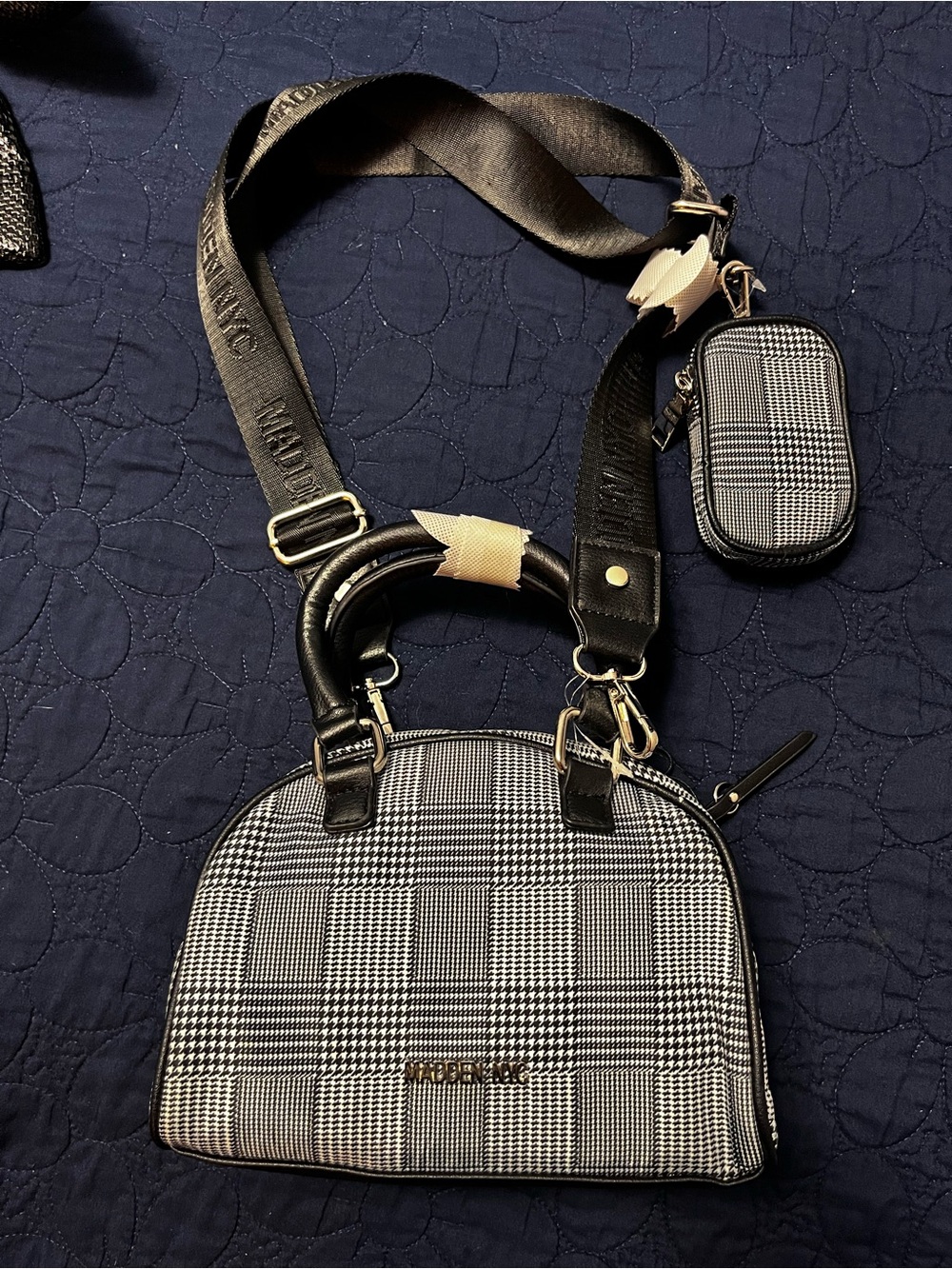 Steve Madden Black & White Glen Plaid Satchel with Removable Strap